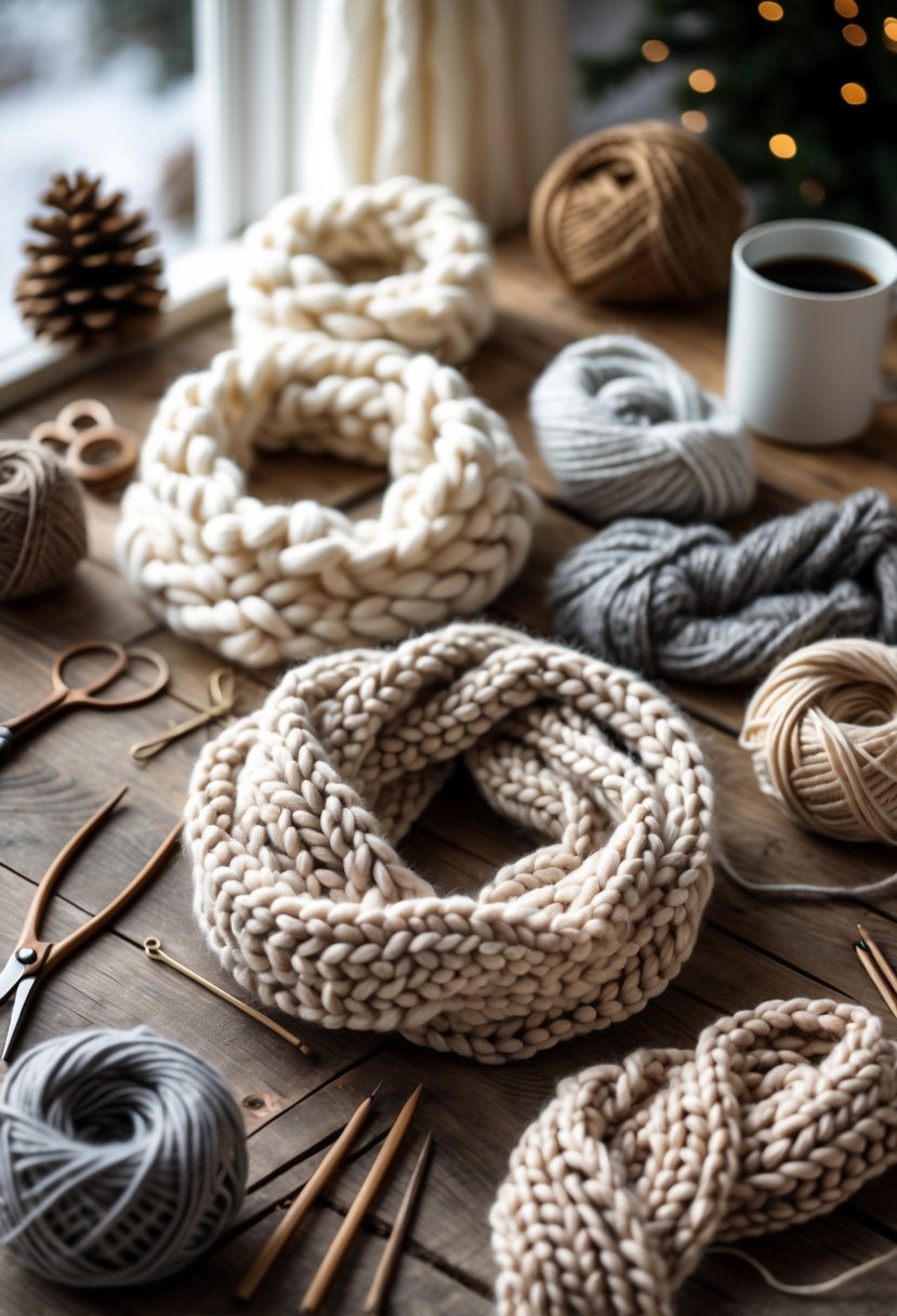 Several chunky knitted infinity scarves and knitting supplies arranged on a wooden table in a cozy indoor setting.