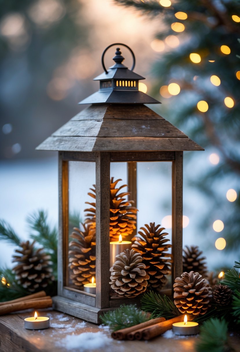 A rustic lantern filled with pinecones and glowing LED tea lights on a wooden surface with winter decorations.