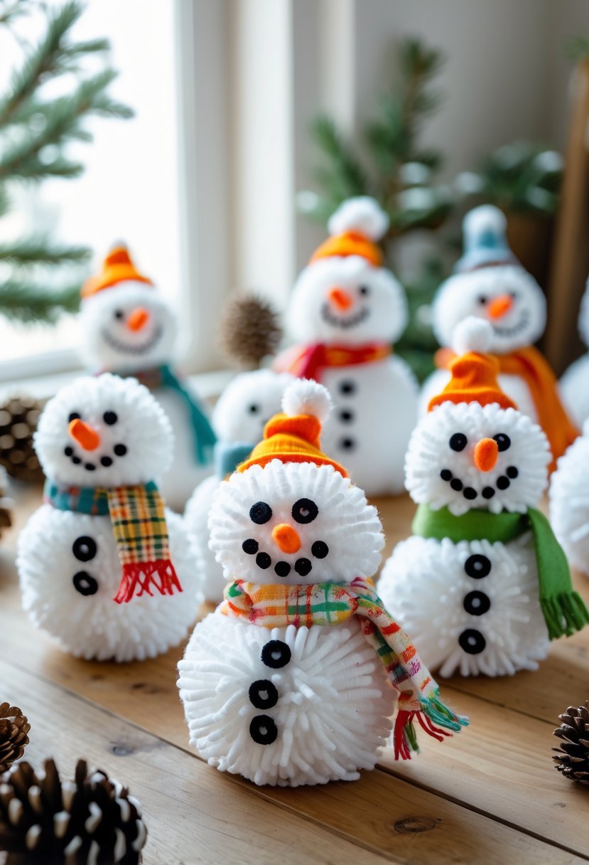 A group of small pom pom snowmen with colorful scarves and hats displayed on a wooden table with winter decorations around them.