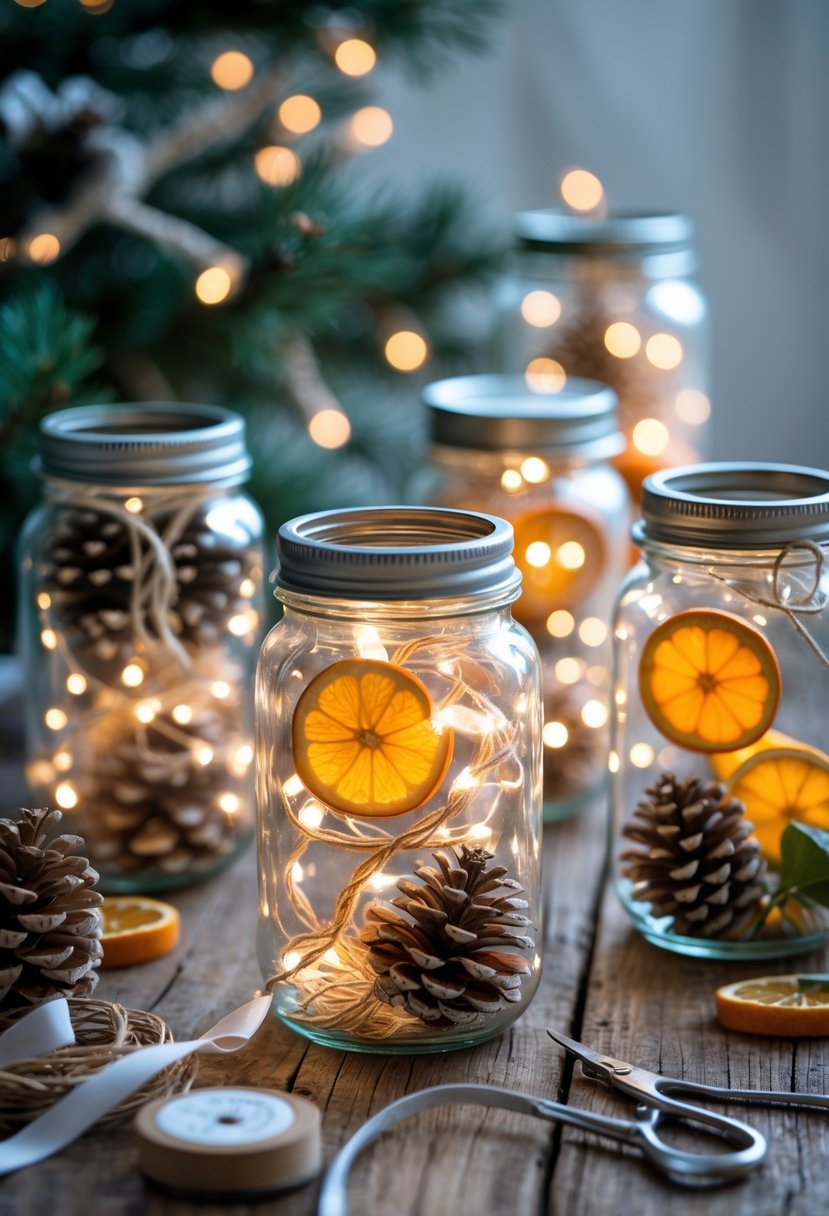Several glass jars filled with glowing fairy lights and decorated with natural elements on a wooden table surrounded by craft supplies.