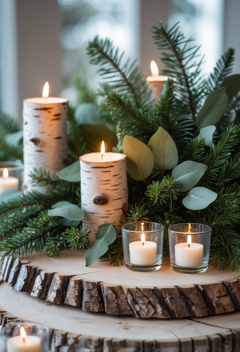 A white birch log slice decorated with green foliage and small lit votive candles.