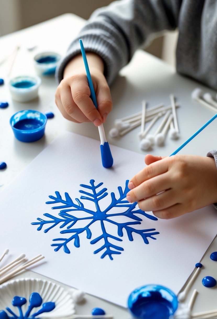 Child's hands painting a snowflake with Q-tips on white paper surrounded by paint containers.
