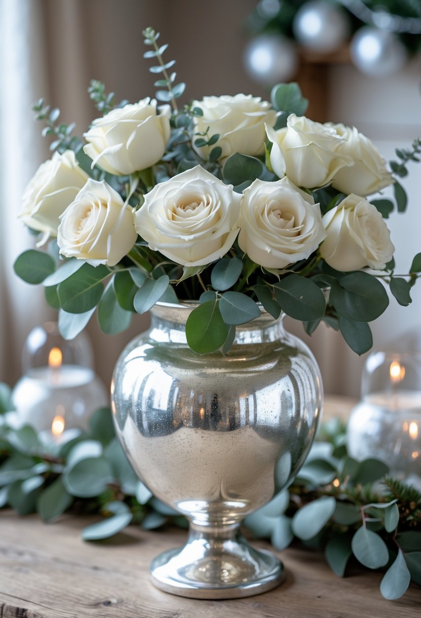 Silver mercury glass vase with white roses and eucalyptus on a wooden table with winter decorations.