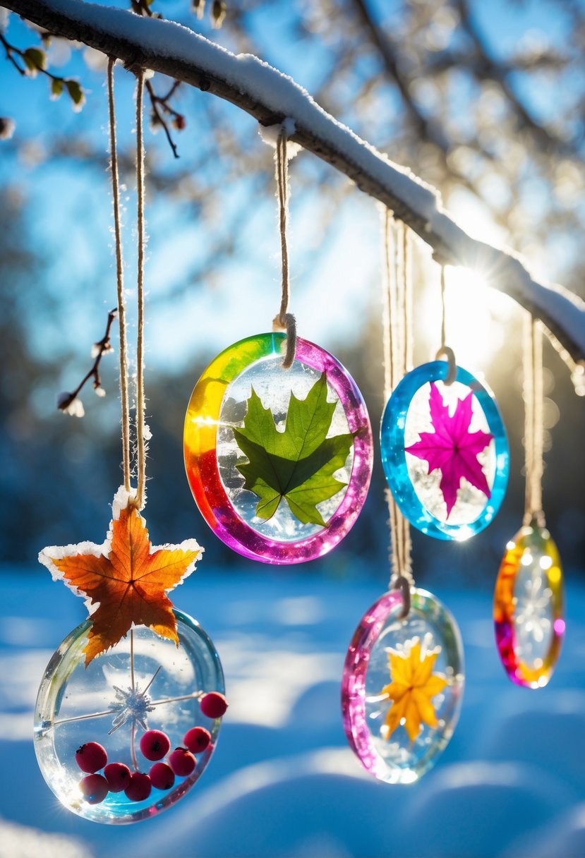 Colorful ice sun catchers made with leaves and berries hanging from tree branches on a snowy winter day with sunlight shining through them.