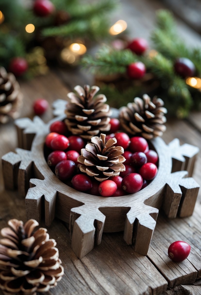 Snowflake-shaped wooden tray filled with pinecones and red cranberries on a wooden surface.