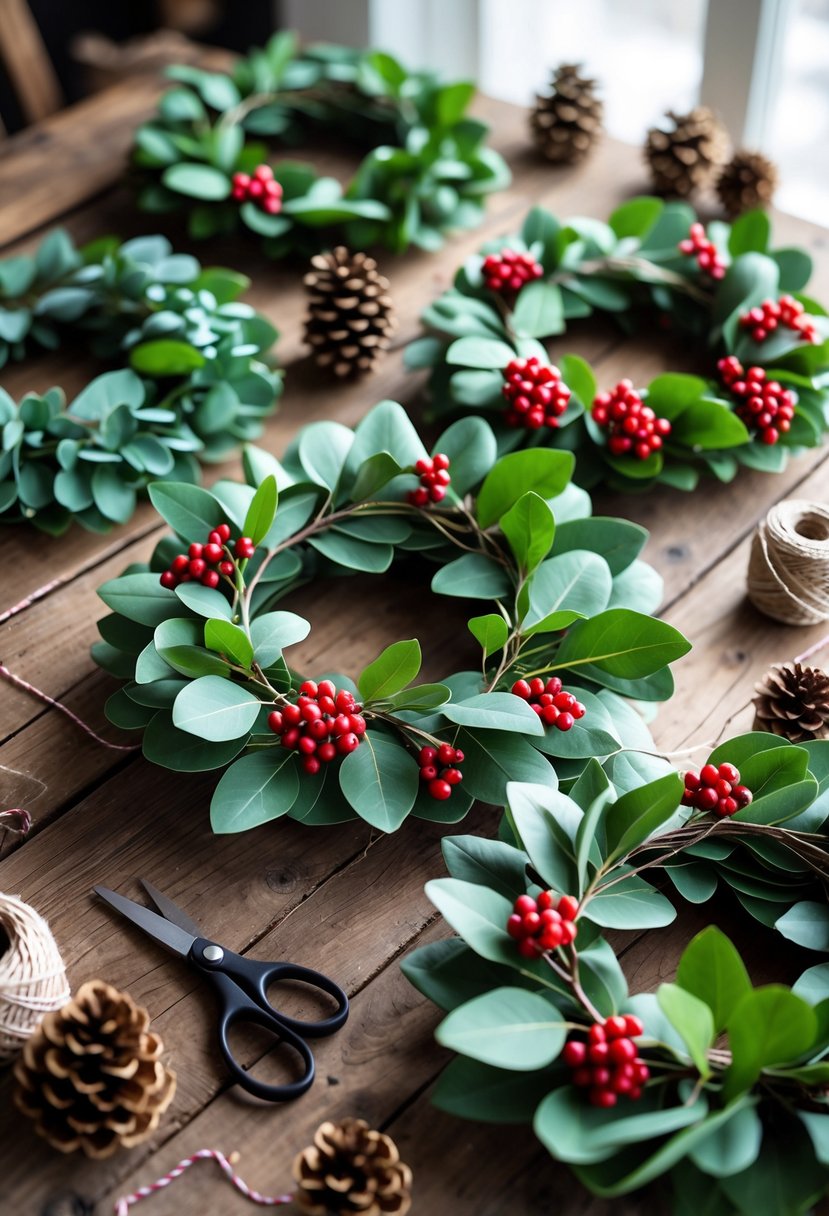 Several winter wreaths made of eucalyptus leaves and red berries displayed on a wooden table with crafting materials around them.