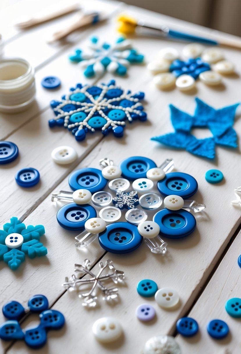 A collection of colorful button snowflakes arranged on a white table with crafting supplies around them.
