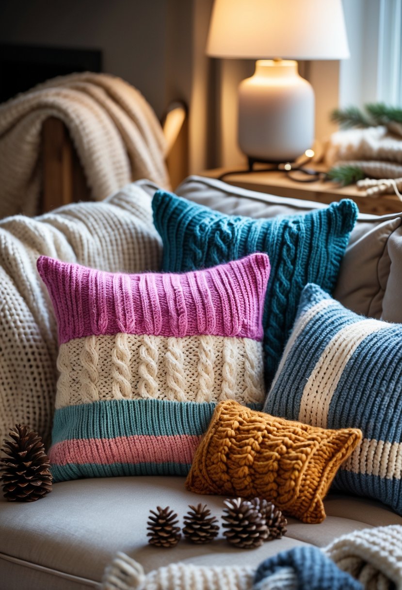 Cozy sofa with colorful upcycled sweater pillows and winter craft supplies on a wooden table nearby.