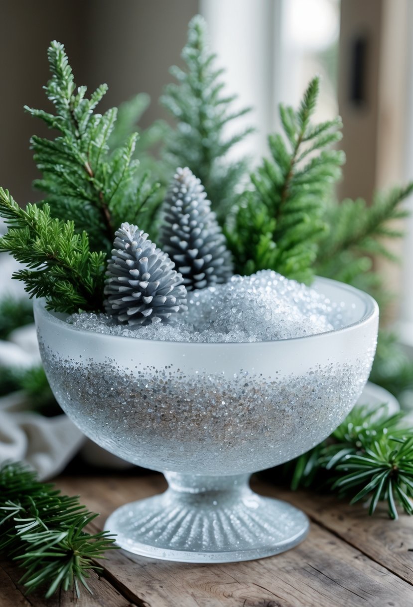 A frosted glass bowl centerpiece with glitter and fir branches on a wooden table.