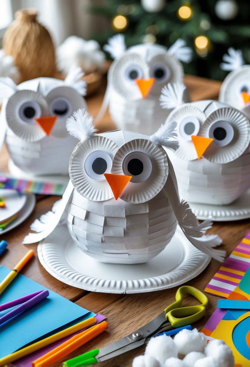 A group of handmade snowy owls crafted from paper plates displayed on a table with craft supplies around them.