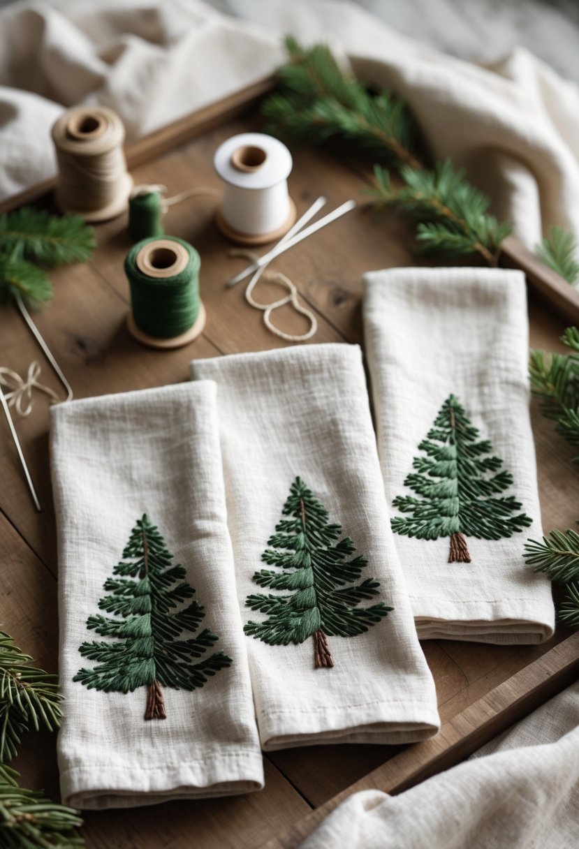 Embroidered linen tea towels with pine tree designs laid out on a wooden surface alongside embroidery supplies and pine branches.