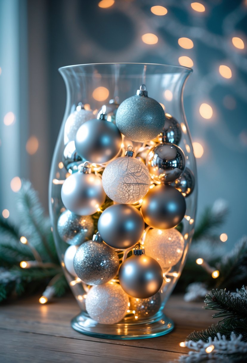 A clear hurricane glass vase filled with silver, white, and blue ornaments and glowing twinkle lights on a wooden table with winter decorations in the background.