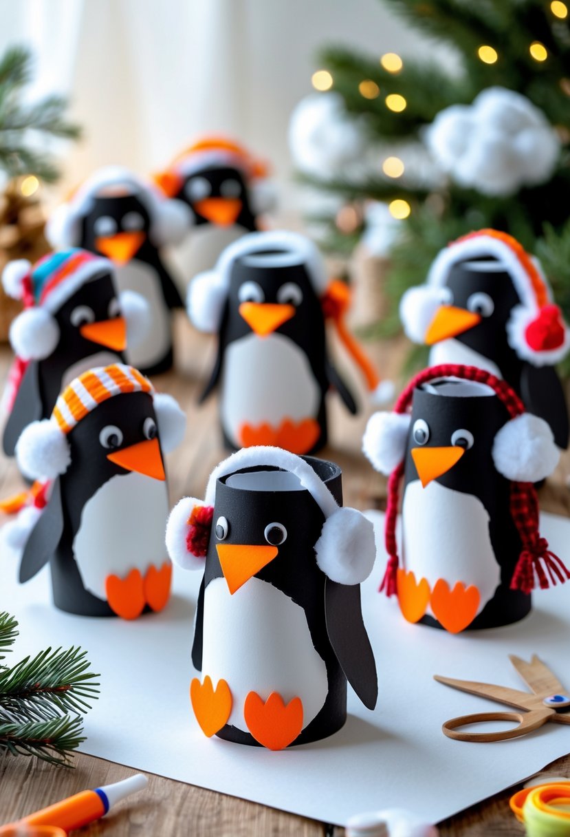 A group of handmade penguins made from toilet paper rolls decorated with winter accessories on a wooden table surrounded by craft supplies.