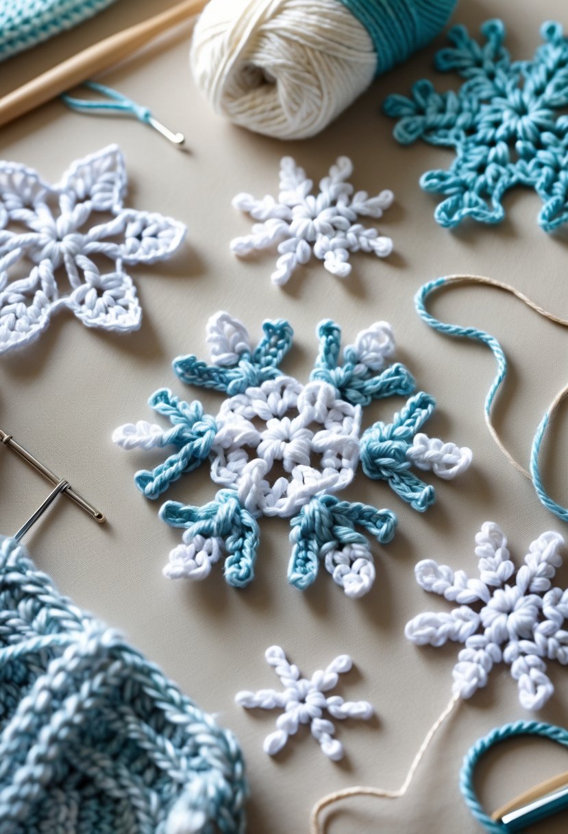 Close-up of several crocheted snowflake appliqués arranged on fabric with crochet tools nearby.