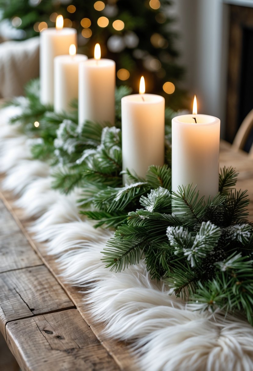 A table with a white faux fur runner holding lit candles surrounded by green pine garland.