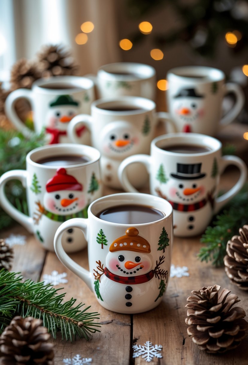 A group of hand-painted ceramic mugs with snowman designs arranged on a wooden table with winter decorations around them.