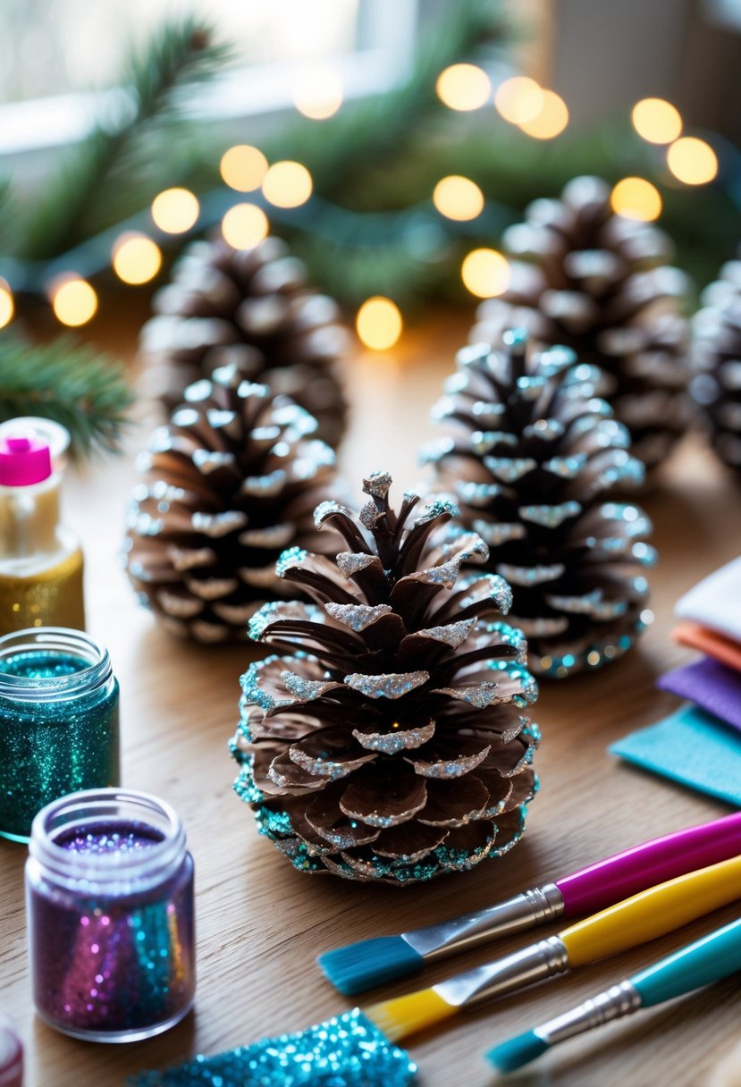 Close-up of glitter-covered pinecones and craft supplies on a wooden table in a cozy indoor setting.