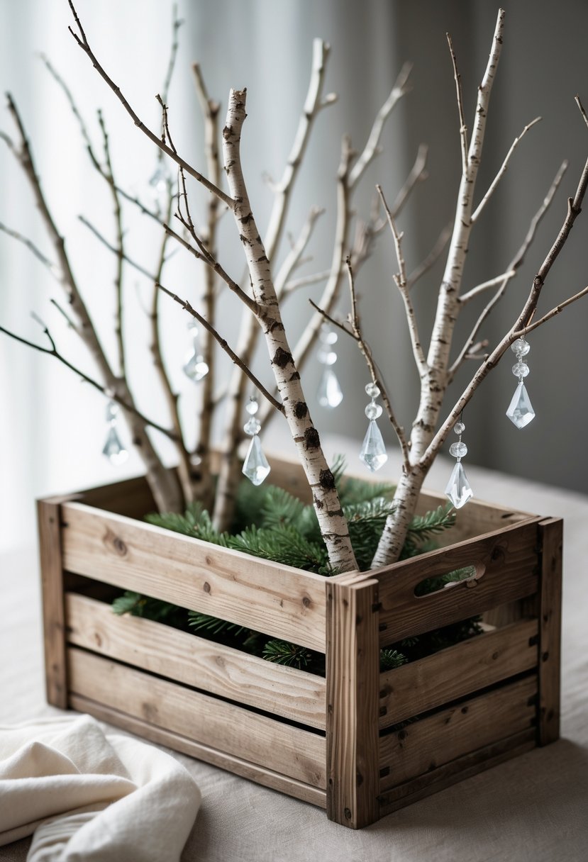 A rustic wooden crate filled with birch branches decorated with hanging crystal ornaments.