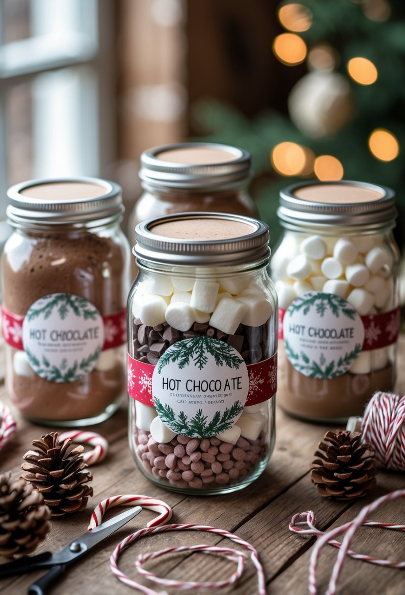 Several glass jars filled with layered hot chocolate mix ingredients arranged on a wooden table with winter craft supplies around them.
