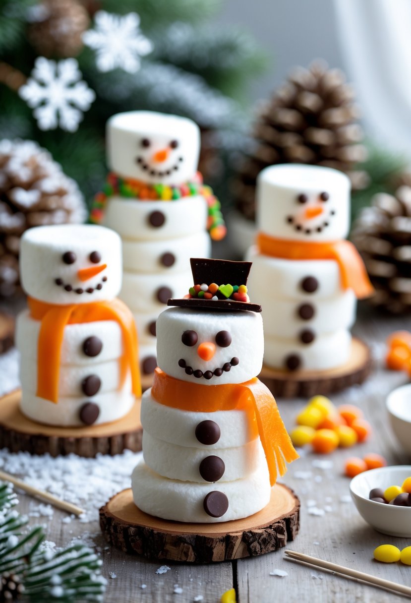 A group of small marshmallow snowmen decorated with candy details sitting on a wooden table surrounded by craft supplies.