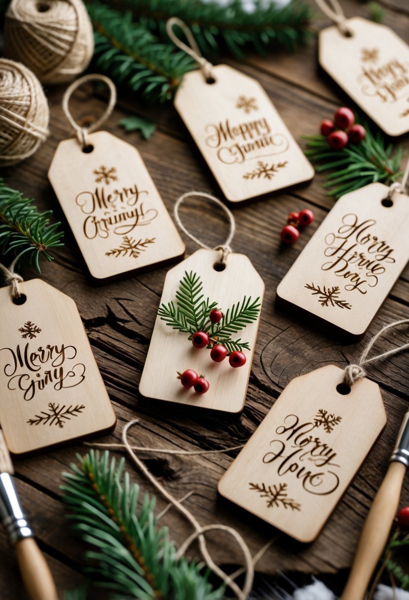 Wooden gift tags decorated with winter-themed designs and calligraphy, arranged with crafting materials on a wooden surface.