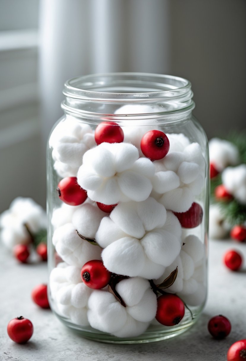 A clear glass jar filled with white cotton balls and red berries on a neutral surface.