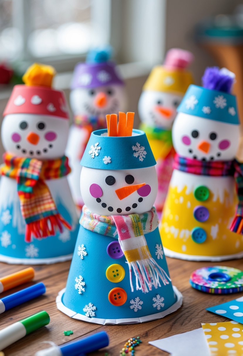 Several paper cup snowmen decorated with faces, scarves, and hats arranged on a table with crafting supplies.