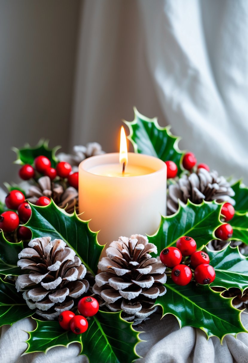 A lit candle surrounded by frosted pinecones and holly with red berries on a table.
