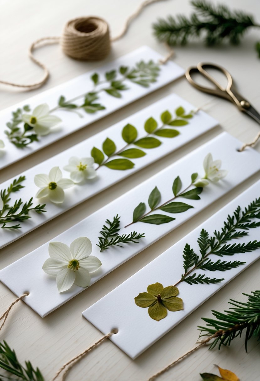 A collection of pressed flower bookmarks with winter blooms arranged on a wooden surface alongside crafting materials.