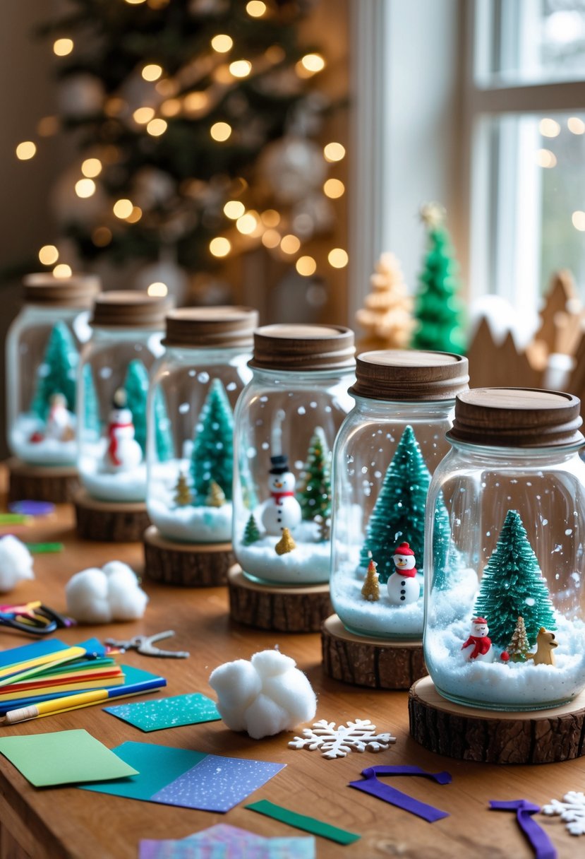Several mason jar snow globes with winter-themed decorations on a table surrounded by craft supplies in a cozy room.