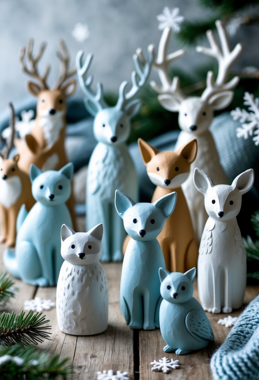 Paper mache animal figurines painted in winter colors arranged on a wooden surface with winter decorations in the background.
