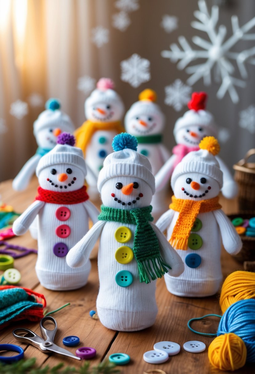 A group of handmade sock snowmen decorated with buttons and scarves on a table with craft supplies around them.