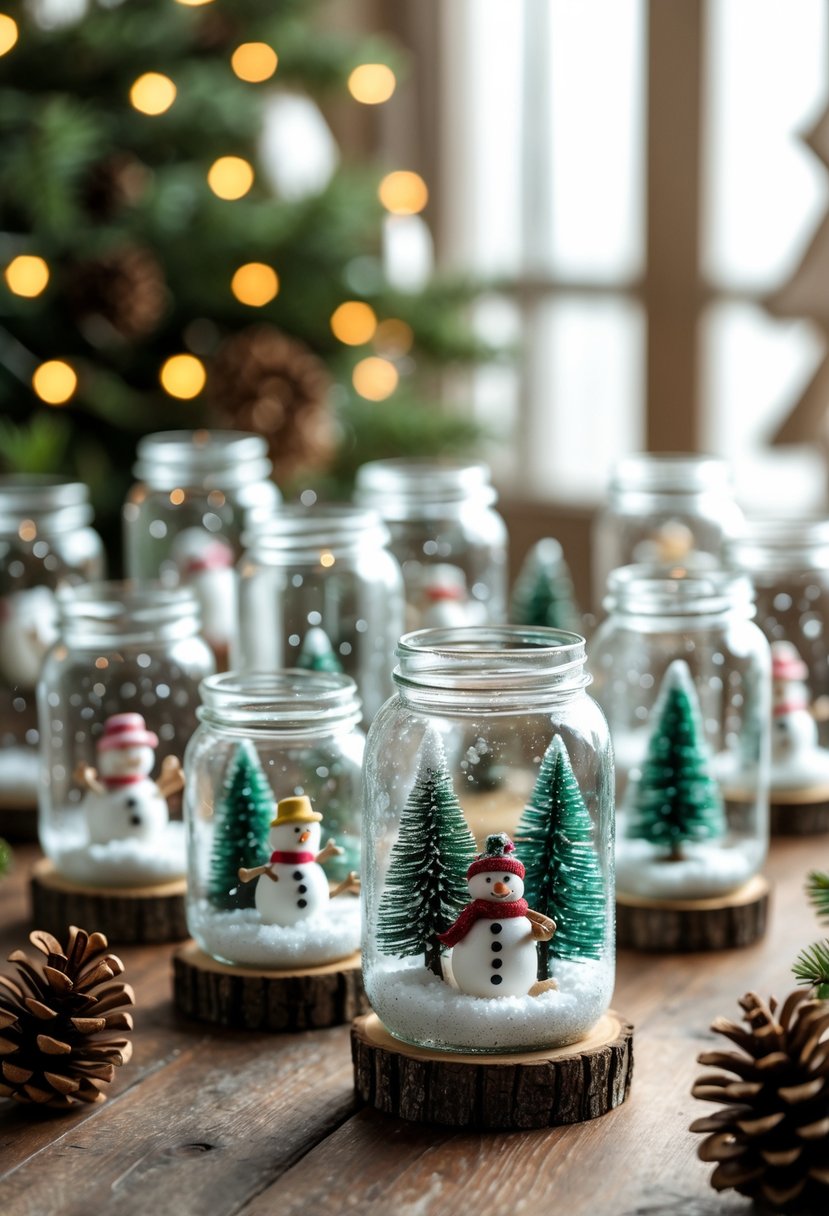 A collection of decorated mason jar snow globes with miniature winter scenes inside, arranged on a wooden table with pine cones and fairy lights in the background.