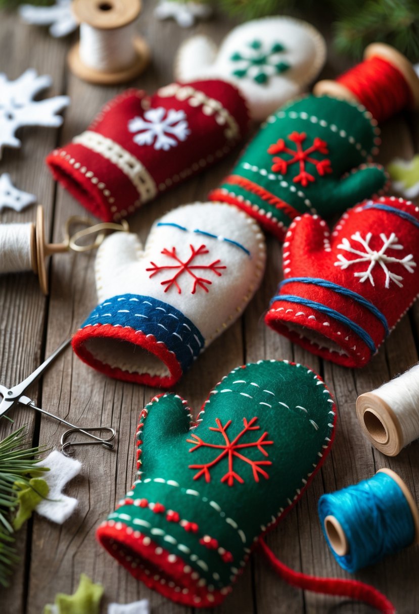 A collection of colorful felt mitten ornaments and crafting supplies arranged on a wooden surface.
