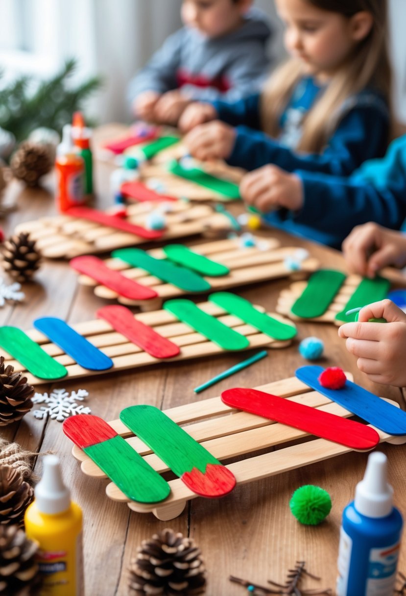 Colorful popsicle stick sleds and crafting supplies on a wooden table with children’s hands assembling sleds in the background.