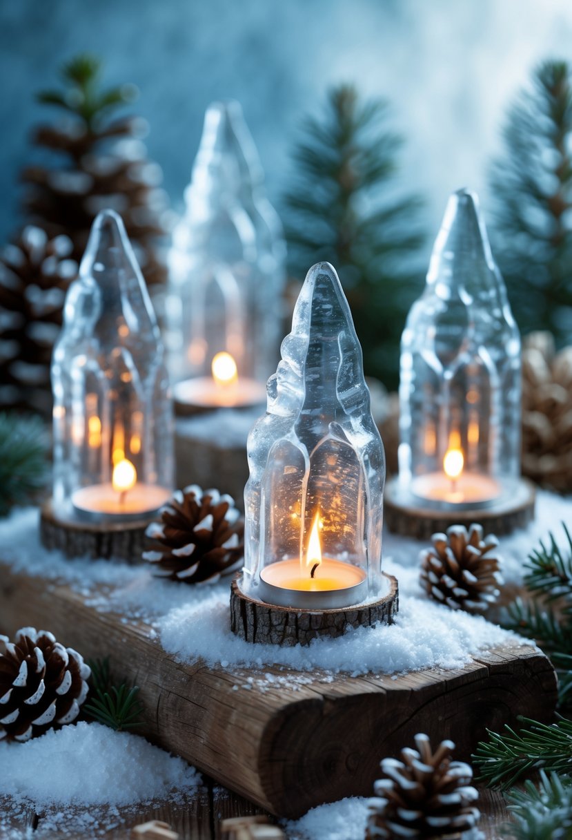A group of glowing icicle lanterns with LED tea lights arranged on a wooden surface with pine cones and evergreen branches.