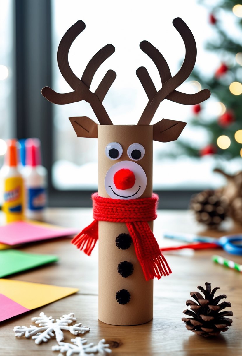 A handmade paper roll reindeer craft on a table surrounded by children's craft supplies and winter decorations.
