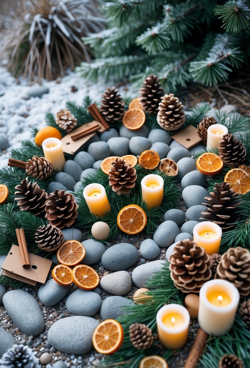 A spiral garden outdoors decorated with handmade winter solstice crafts including pinecones, dried orange slices, cinnamon sticks, candles, and evergreen branches on a frosty ground.