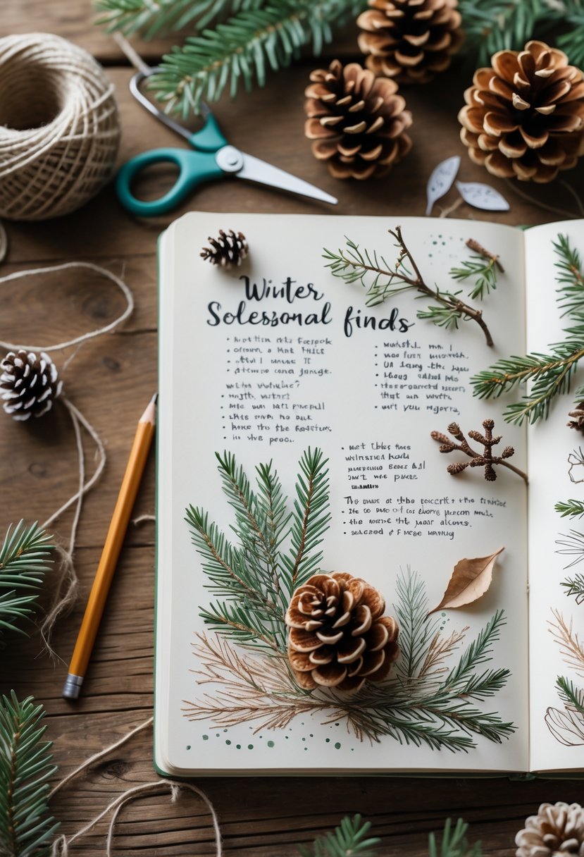 An open nature journal surrounded by winter plants, pinecones, dried leaves, craft supplies, and handmade winter decorations on a wooden table.