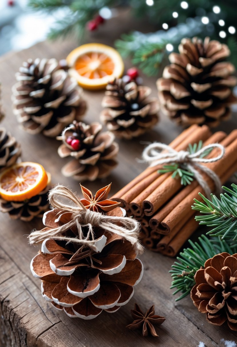 Close-up of pinecone and cinnamon stick ornaments arranged on a wooden surface with winter greenery and small decorative elements.