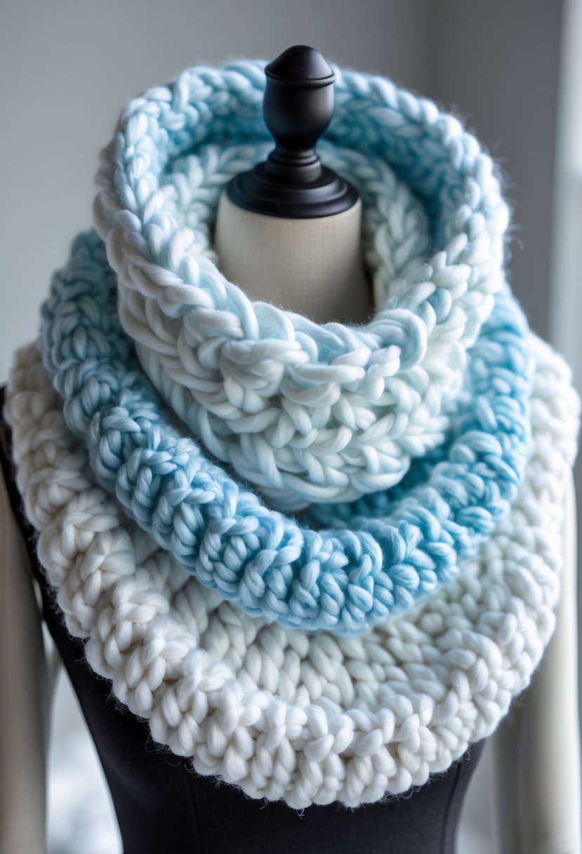 A chunky white and pale blue crochet cowl draped around a mannequin against a neutral background.