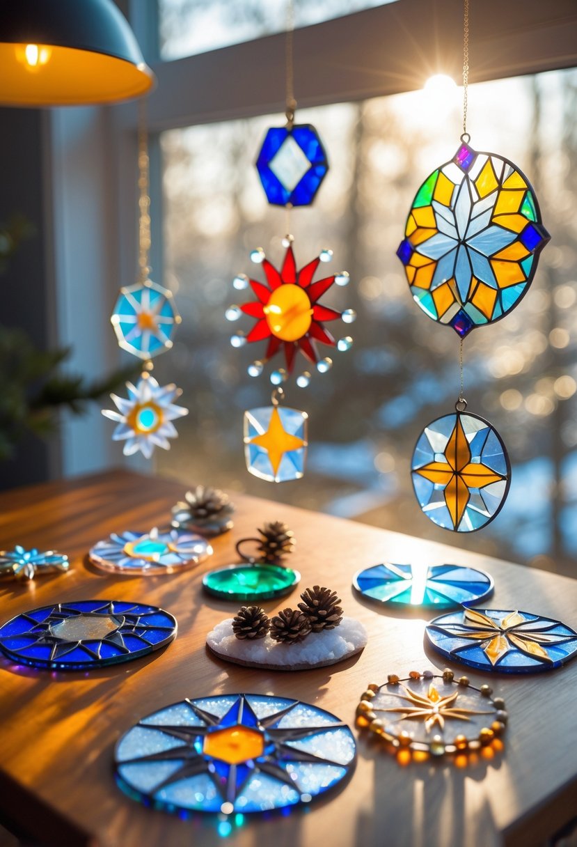 A collection of colorful winter solstice sun catchers displayed on a wooden table with sunlight shining through them.