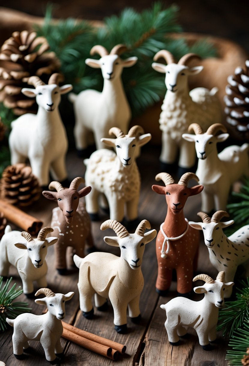 A collection of handcrafted salt dough Yule goat figurines displayed on a wooden surface with winter decorations around them.