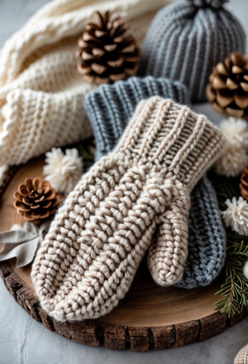 A pair of textured wool blend mittens with crochet patterns resting on a wooden surface surrounded by crochet winter accessories and natural elements.