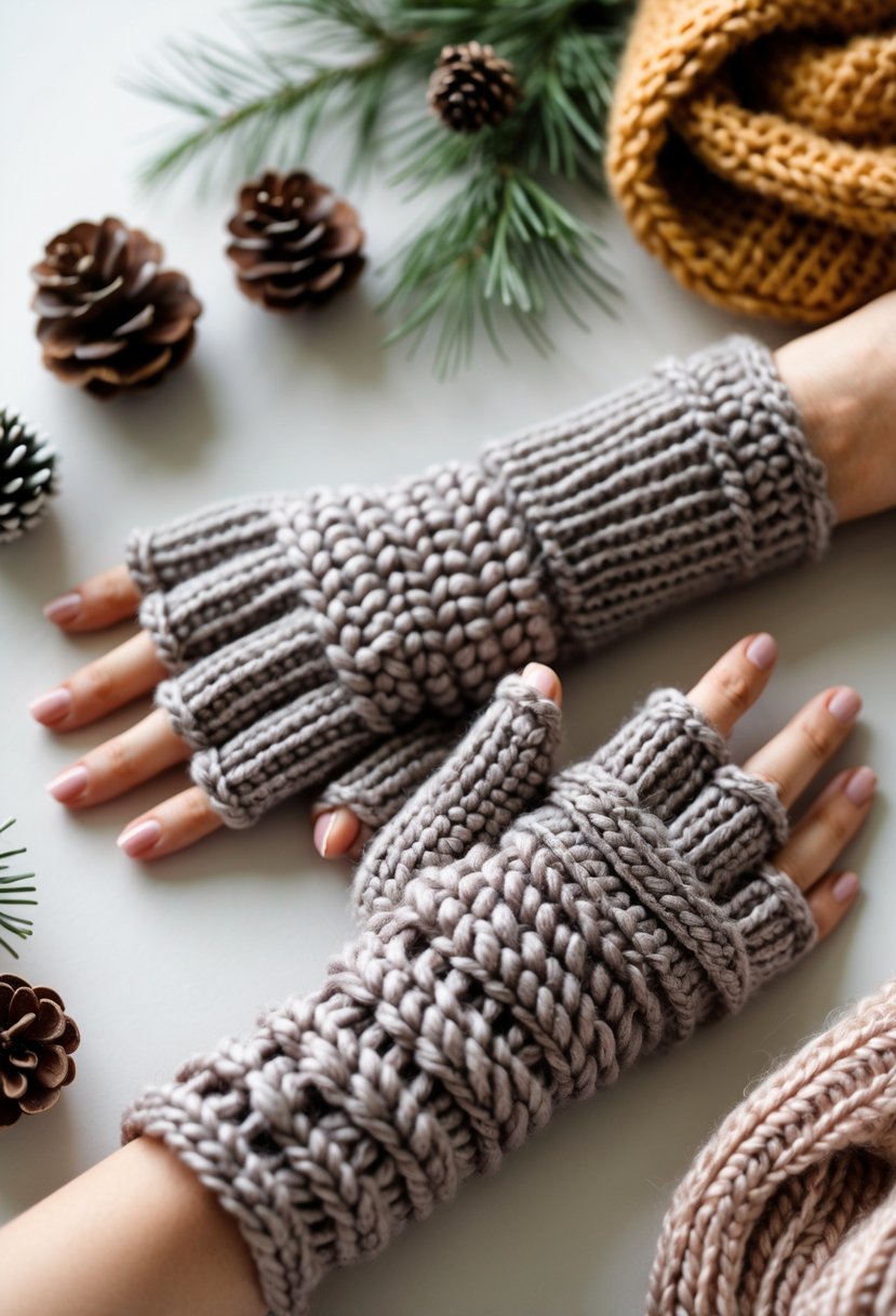 A pair of bulky yarn fingerless gloves displayed with winter accessories on a neutral background.