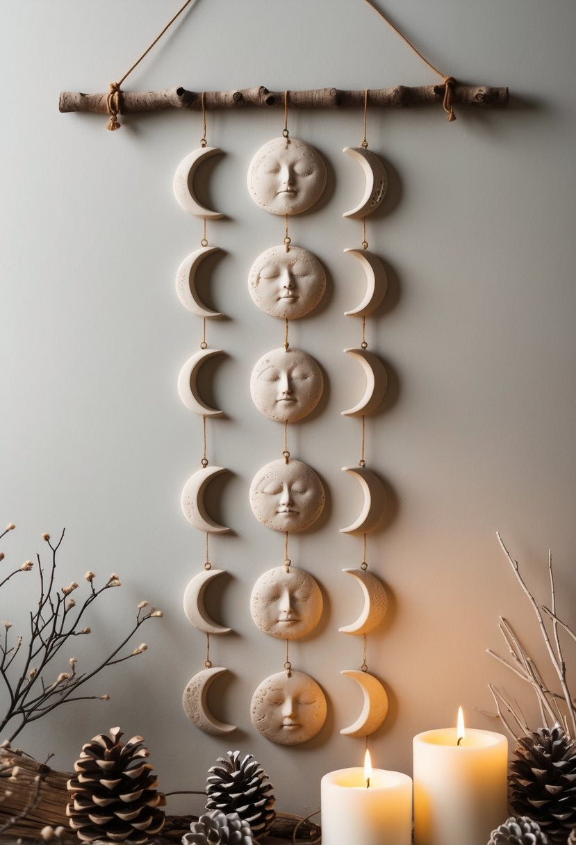 A clay moon phase wall hanging displayed with pinecones and dried branches, evoking a winter solstice setting.