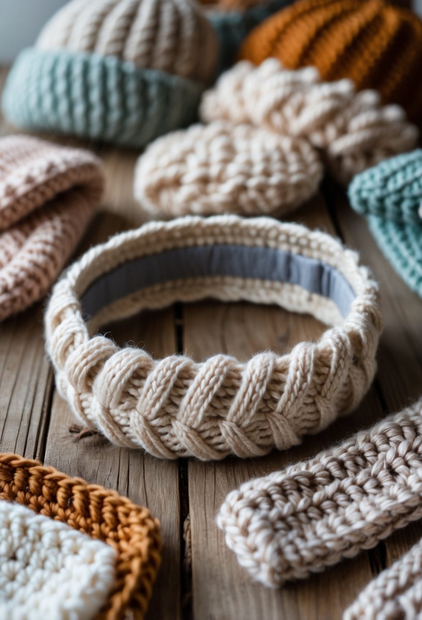 A collection of crochet winter accessories including a cable knit headband, scarves, mittens, and hats arranged on a wooden surface.