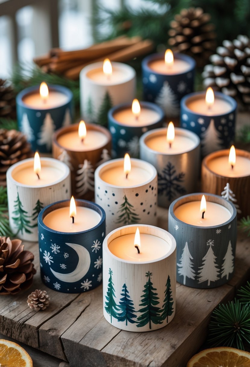 A collection of hand-painted wooden candle holders with lit candles arranged on a wooden table surrounded by winter-themed decorations.