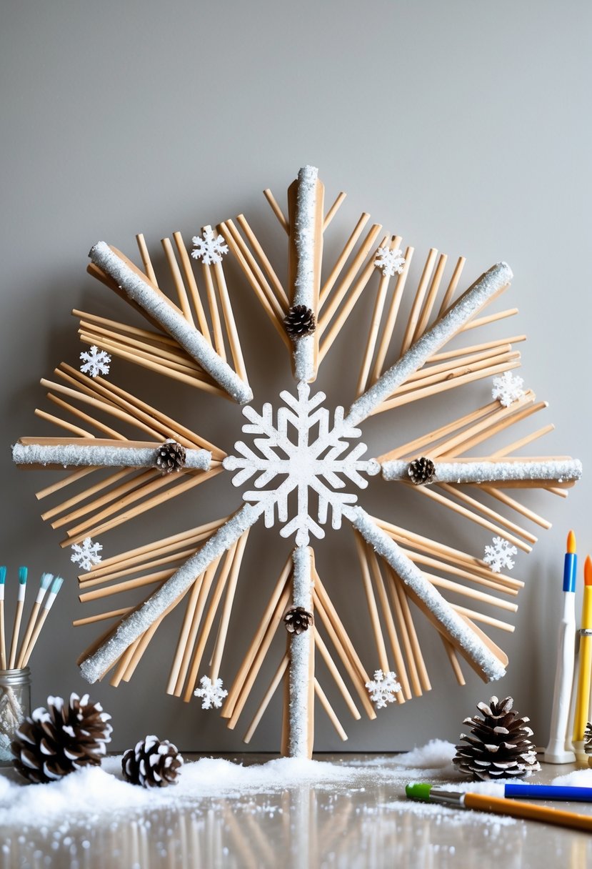 A handmade snowflake wreath made of wooden craft sticks decorated with pinecones and glitter, displayed with craft supplies on a neutral background.