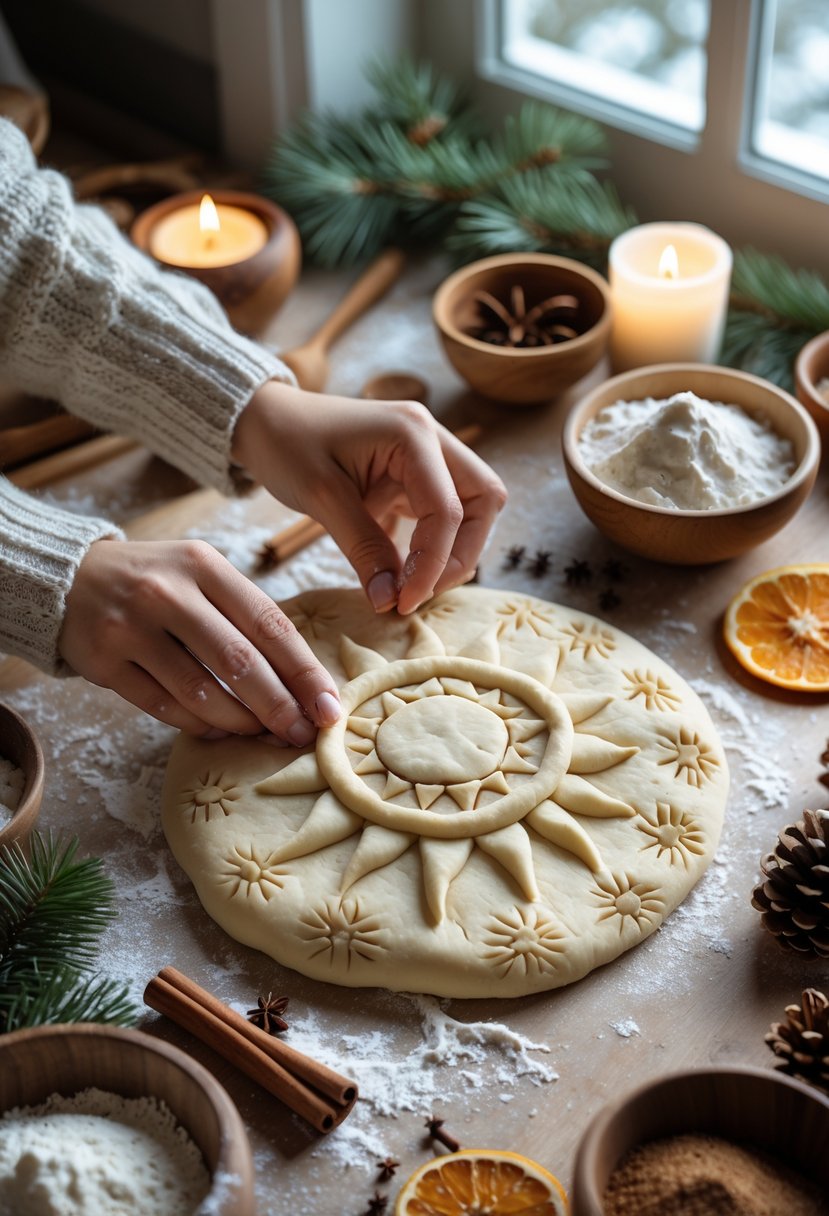 Hands shaping decorative bread dough with winter-themed patterns on a wooden table surrounded by natural decorations and baking tools.